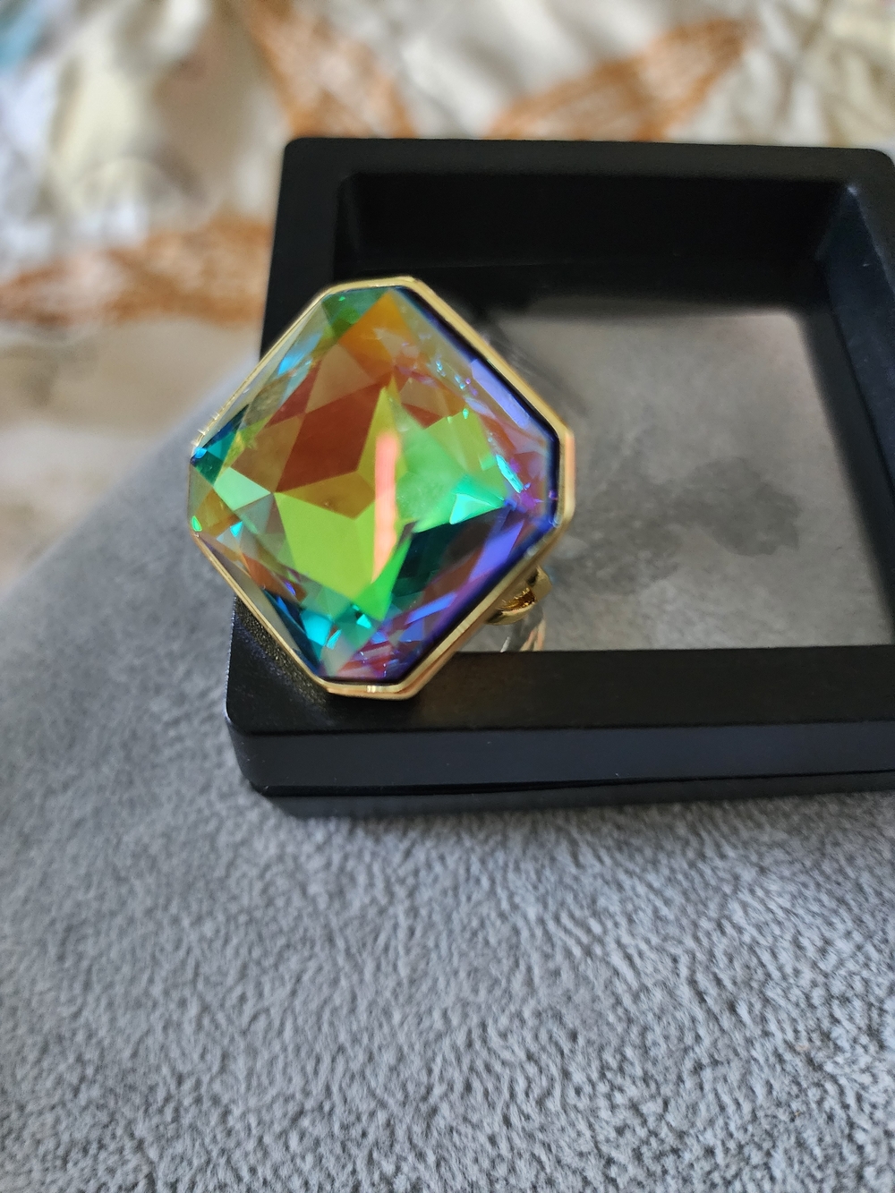 Iridescent Aurora Borealis, AB, Crystal Gold-Tone Faceted Adjustible Ring NWOT